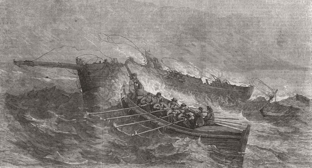 WALES. The Tenby Life-boat saving the crew of the Smack Bruce, of Milford 1859
